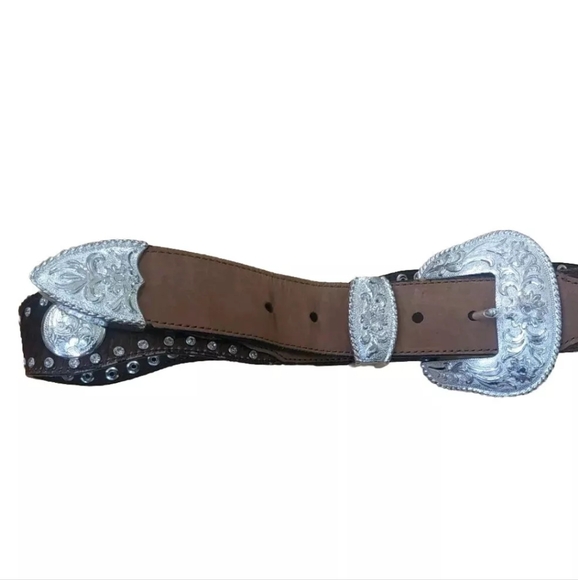 Nocona Hair On Hide Leather Belt  Conchos Rhinestone Bling Brown Woman M Western